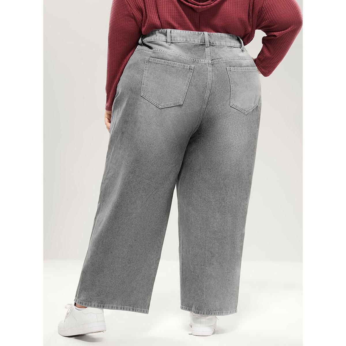 Plus Size Boyfriend Wide Leg Non Stretchy High Rise Medium Wash Jeans Women LightGray Casual Plain No stretch Pocket Jeans BloomChic 24/3X Product Image