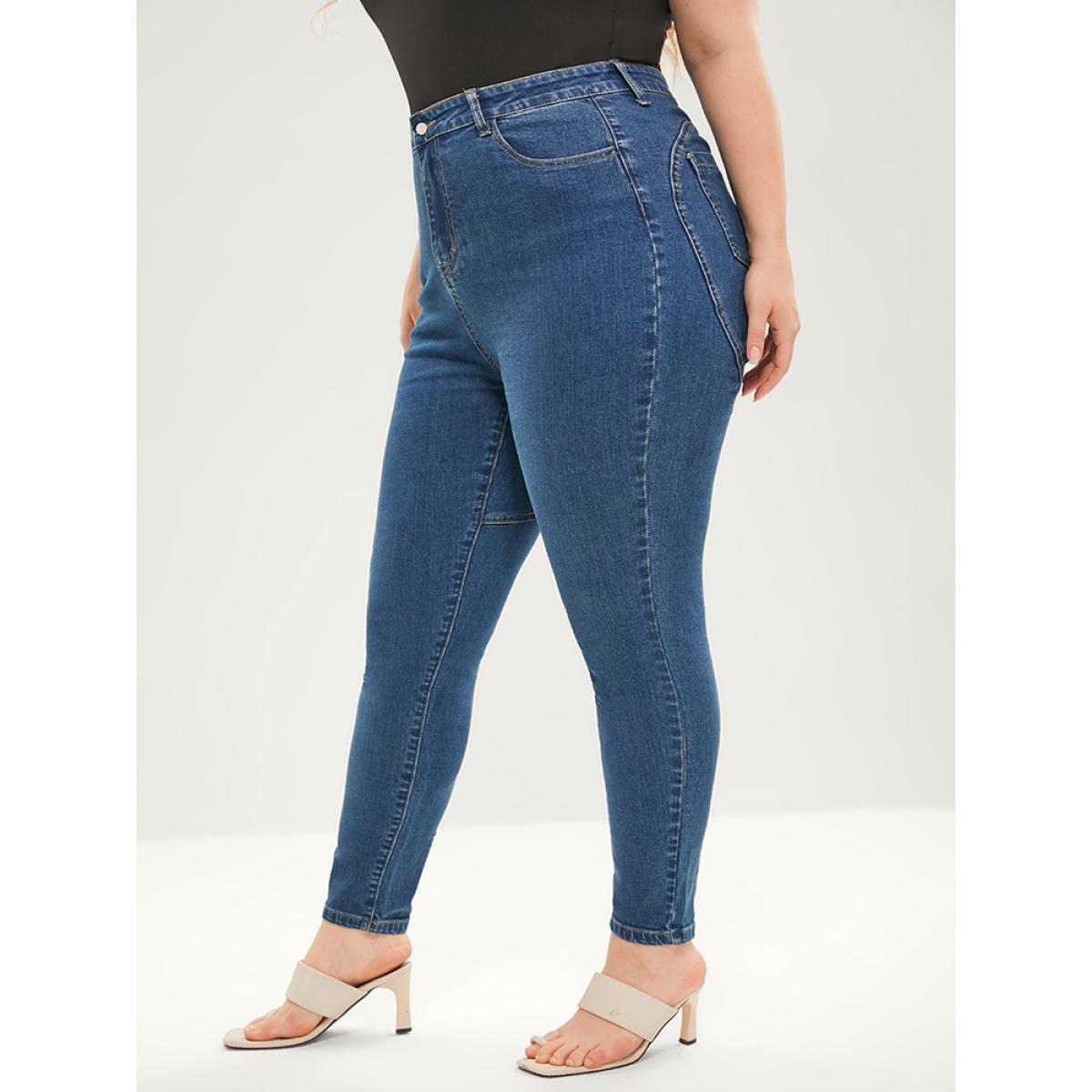 Plus Size Skinny Very Stretchy Mid Rise Medium Wash Patchwork Jeans Women Blue Casual Plain Patchwork High stretch Pocket Jeans BloomChic 16/1X Product Image