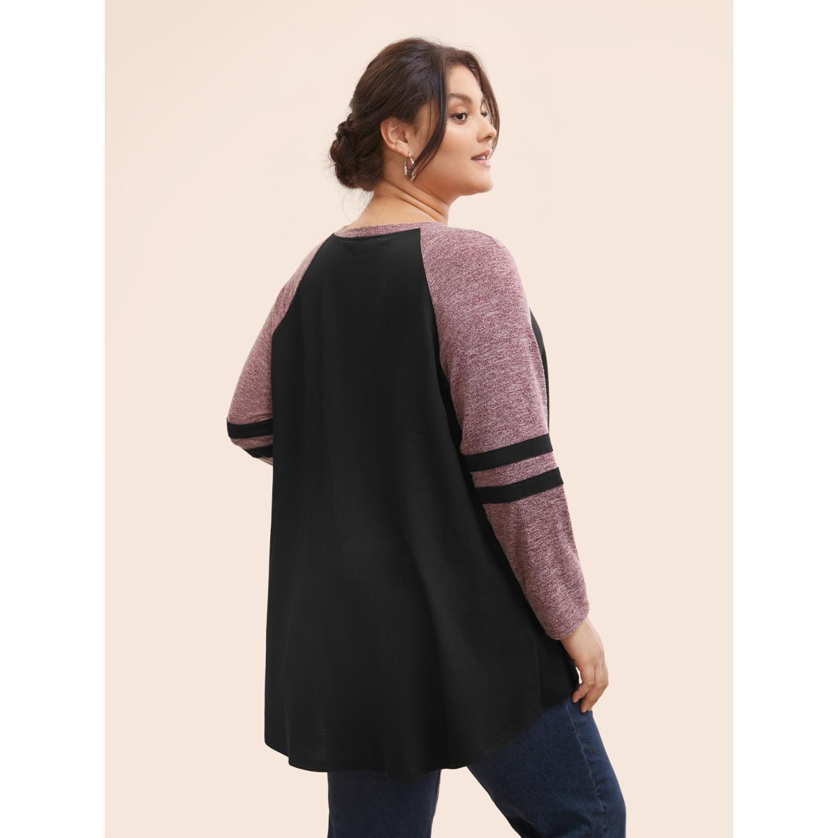 Plus Size Striped Contrast Pocket Raglan Sleeve High Low Hem Sweatshirt Women Emerald Casual Contrast Round Neck Everyday Sweatshirts BloomChic 30/6X Product Image