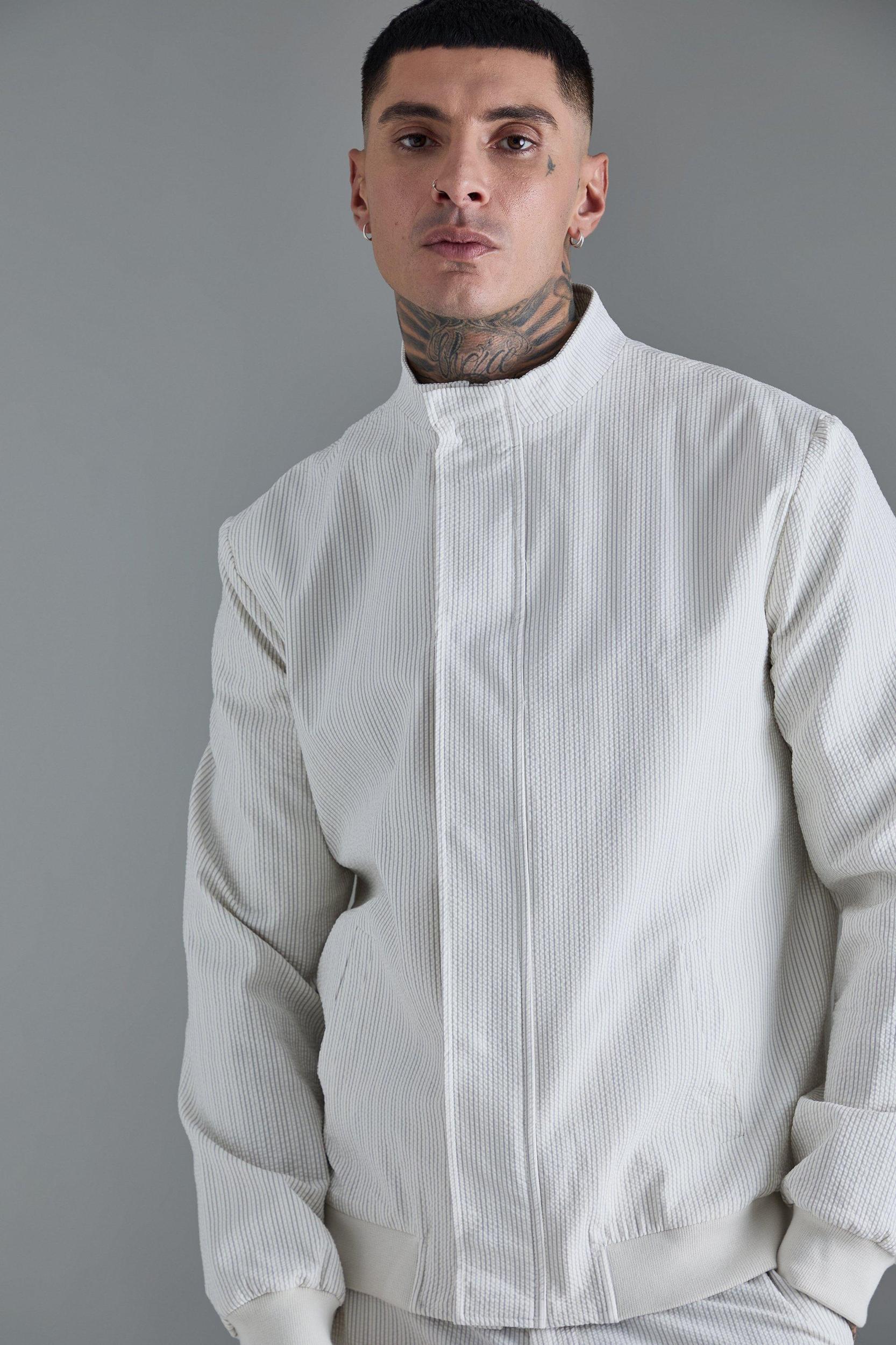 Tall Stripe Seersucker Funnel Neck Smart Jacket | boohooMAN USA Product Image