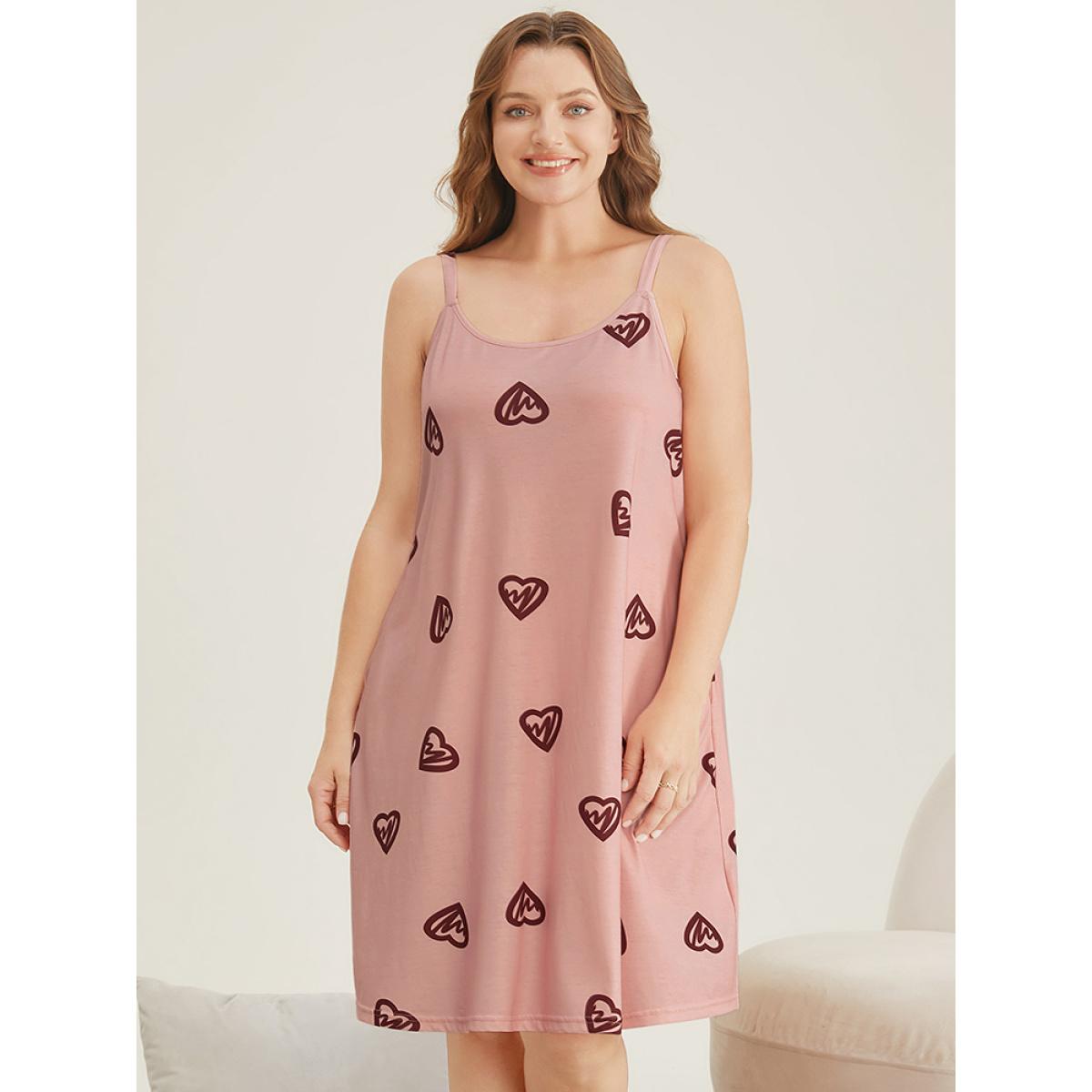 Plus Size Heart Print Pocket Spaghetti Strap Sleep Dress Women Rouge Casual Heart Print Spaghetti Strap Pocket Loungewear BloomChic 12/L Product Image