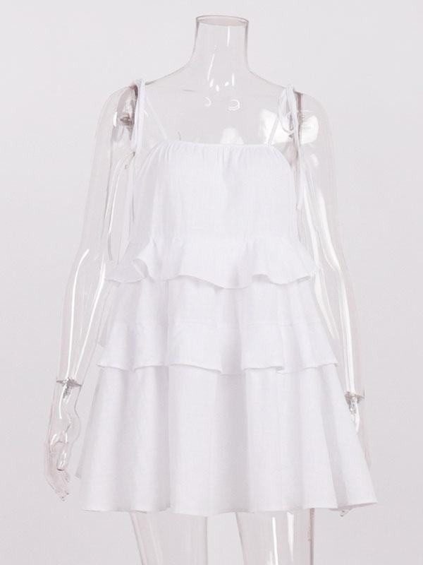 High Waisted Loose Backless Layered Pleated Solid Color Tied Spaghetti-Neck Mini Dresses Product Image