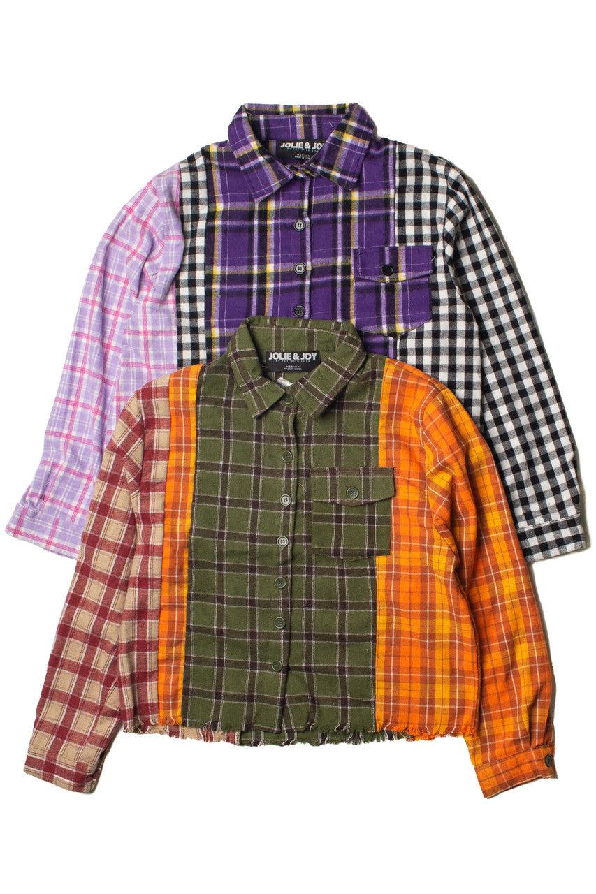 Cropped Patchwork Plaid Flannel Shirt Product Image