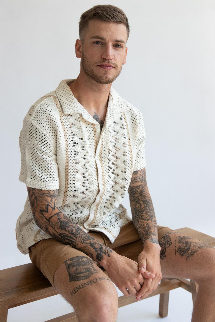 Stripe Cabana Crochet Button Up Shirt Product Image