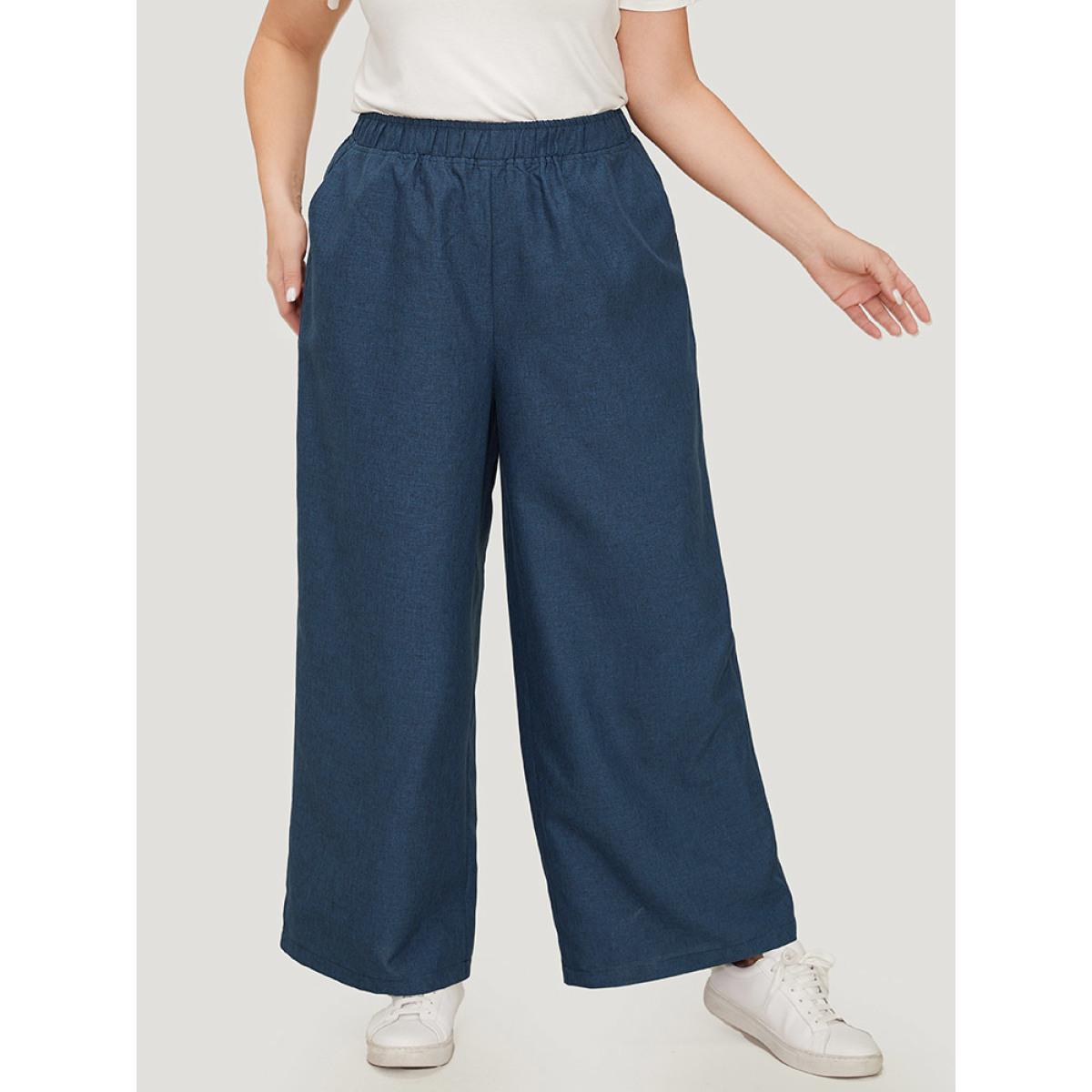 Plus Size Solid Button Detail Wide Leg Pants Women Black Workwear Essentials Wide Leg High Rise Office Pants BloomChic 14-16/1X Product Image