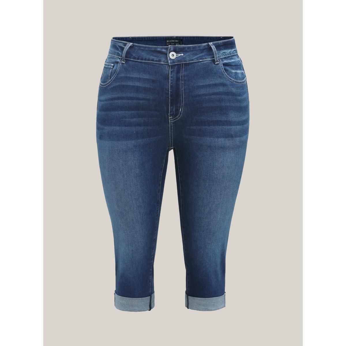 Plus Size Whiskered Wash Crop Skinny-Fit Jeans Women Midblue Leisure Medium stretch Slanted pocket Jeans BloomChic 26/4X Product Image