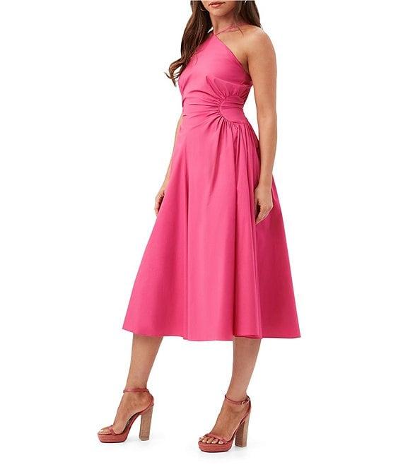 Trina Turk Kata Stretch Poplin Halter Neck Sleeveless Ruched A-Line Midi Dress Product Image