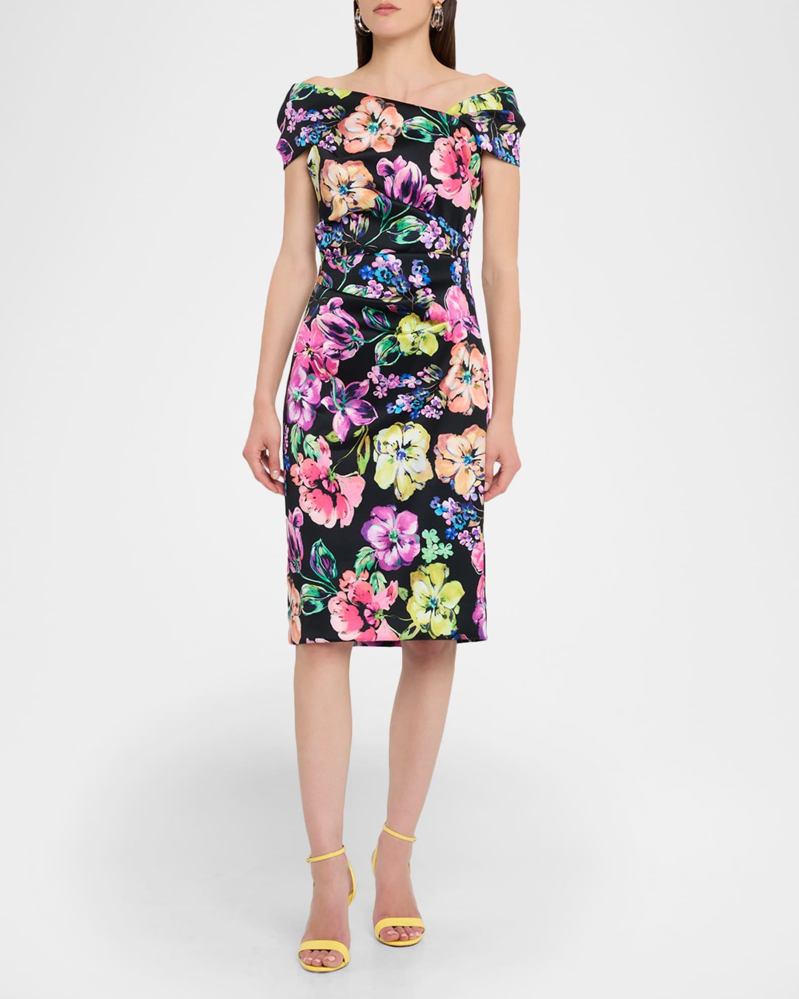 Pleated Floral-Print Stretch Gazar Dress Product Image
