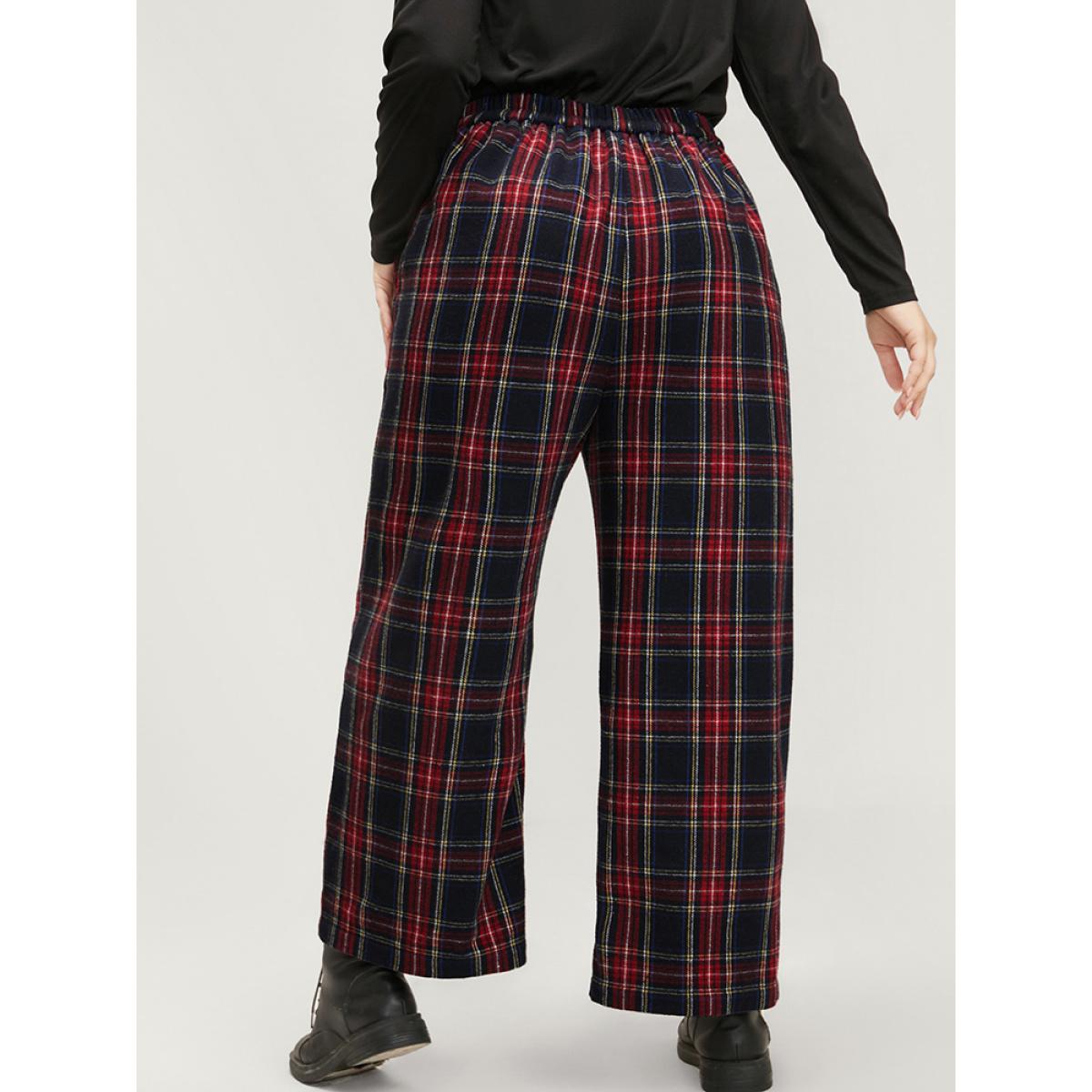 Plus Size Plaid Elastic Waist Pocket High Rise Pants Women Black Elegant High Rise Dailywear Pants BloomChic 28/5X Product Image