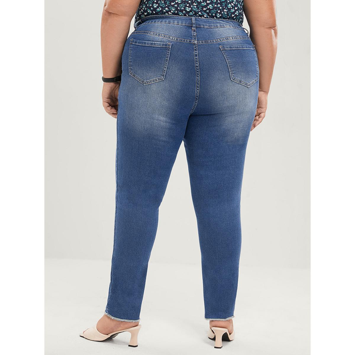 Plus Size Straight Very Stretchy Mid Rise Medium Wash Jeans Women Blue Casual Plain Pocket High stretch Pocket Jeans BloomChic 16/1X Product Image