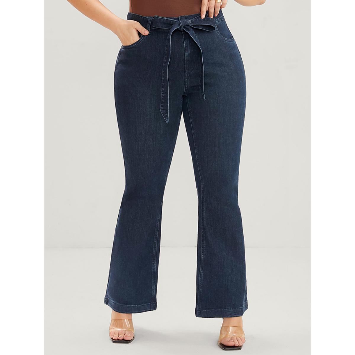 Plus Size Bootcut Slightly Stretchy High Rise Dark Wash Belted Jeans Women Indigo Elegant Plain Plain Low stretch Pocket Jeans BloomChic 10/M Product Image