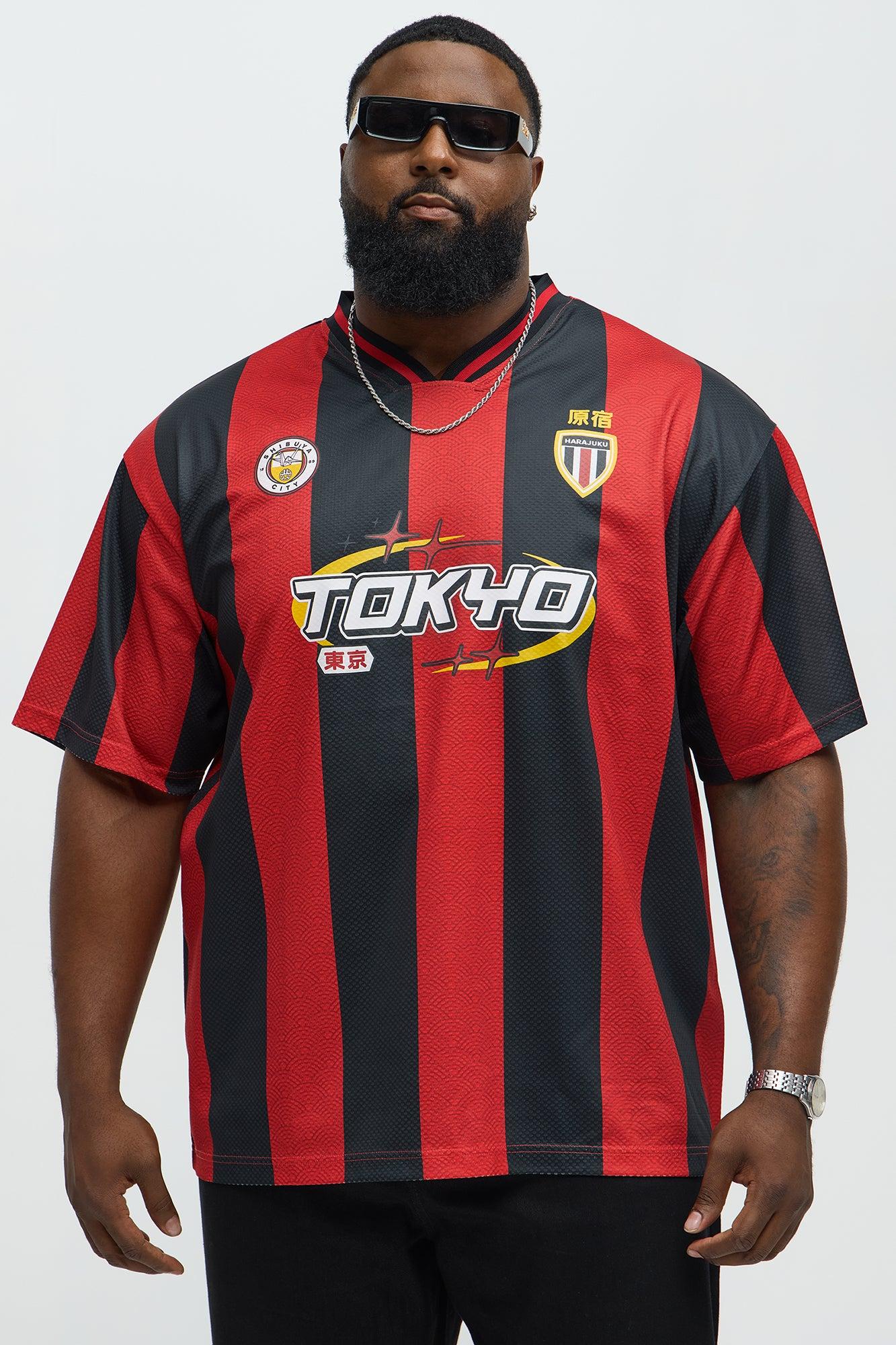 Tokyo Striped Short Sleeve Soccer Jersey - Red/Black Male Product Image
