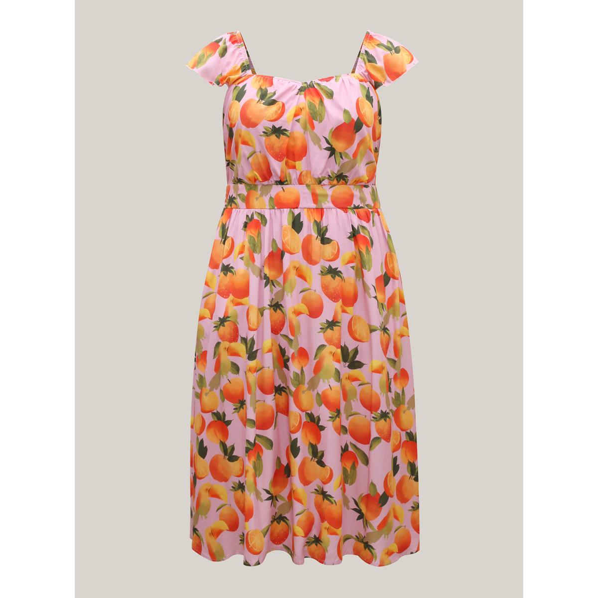 Plus Size Citrus Print Pleated Sweetheart Midi Dress Brightorange Women Heart neckline Cap Sleeve Curvy BloomChic 12/L Product Image