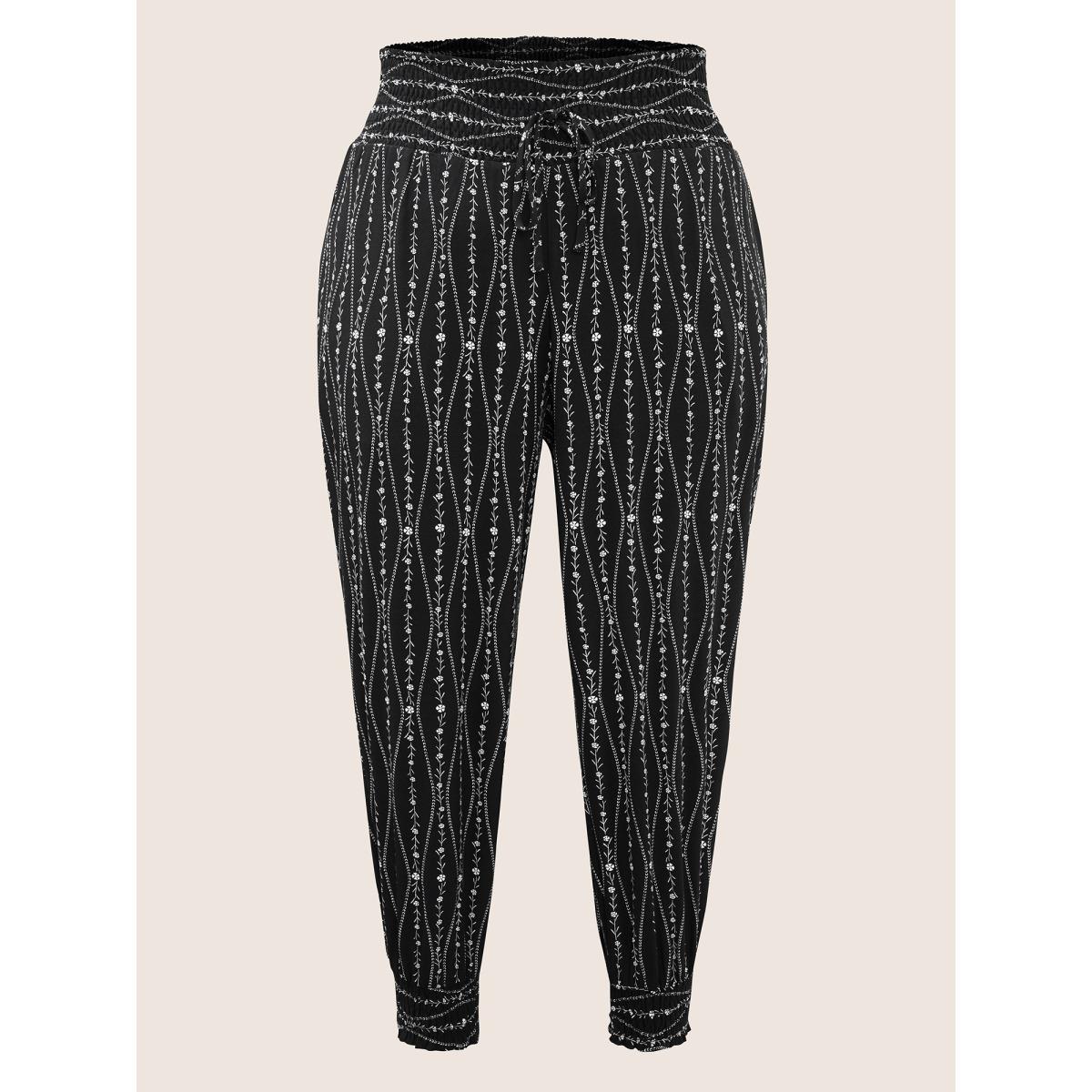 Plus Size Ditsy Floral Shirred Ties High Rise Harem Pants Women BlackFlower Resort Harem High Rise Vacation Pants BloomChic 30/6X Product Image