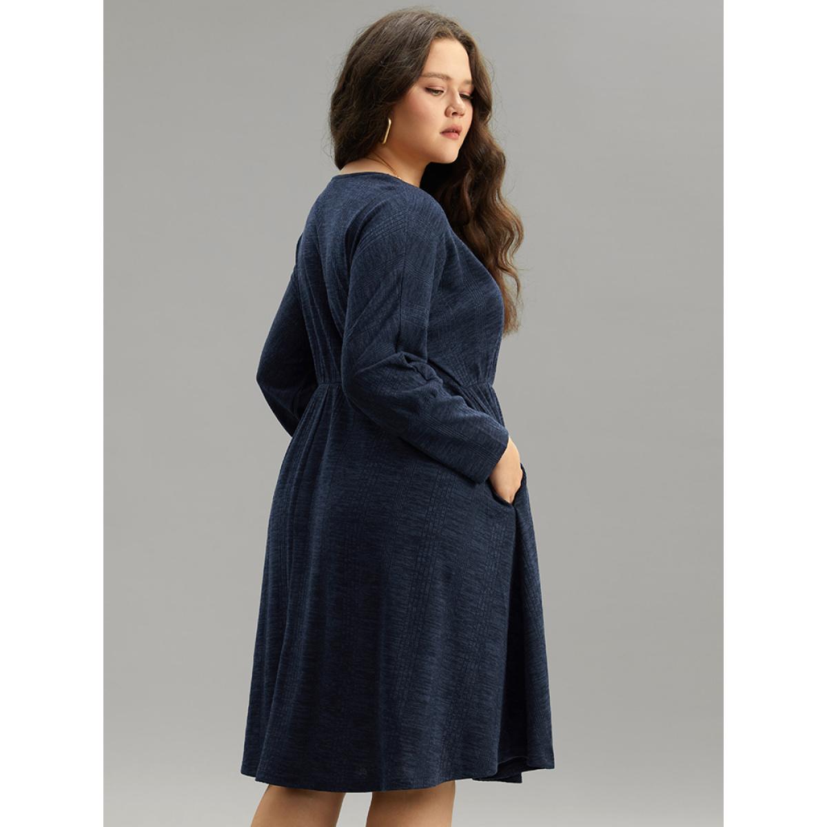 Plus Size Plain Textured Pocket Elastic Waist Dress Indigo Women Casual Texture Round Neck Long Sleeve Curvy Midi Dress BloomChic 12/L Product Image