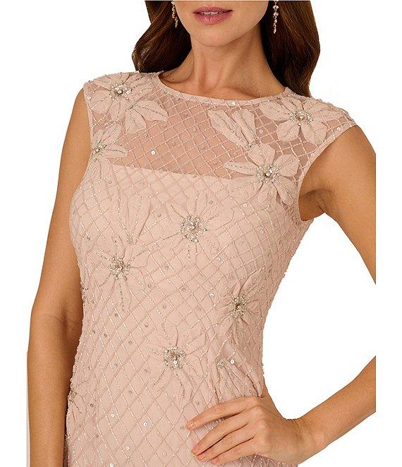 Adrianna Papell Illusion Neck Bead Mesh Column Midi Dress Product Image