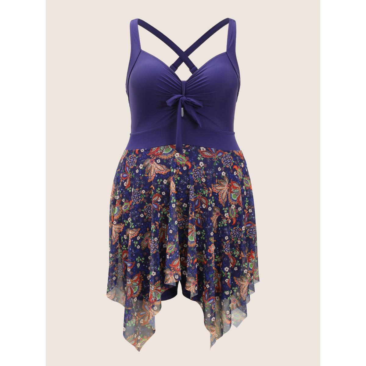 Plus Size Patchwork Ruched Knot Asymmetrical Hem Swim Dress Women's Swimwear Indigo Beach Bodycon Heart neckline High stretch Curve Swim Dresses BloomChic 28/5X Product Image