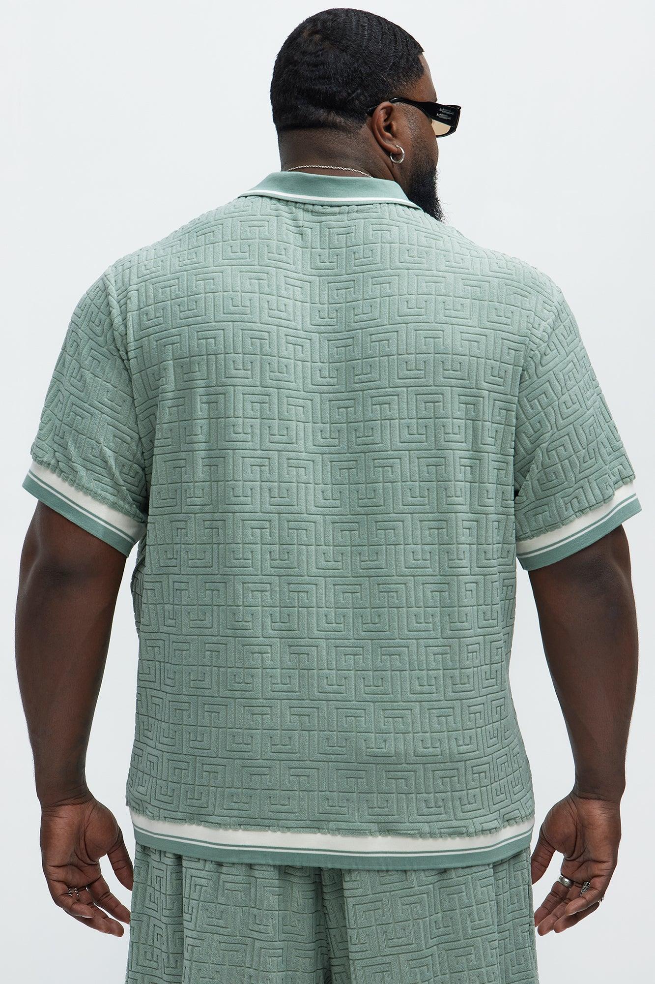 Grecian Textured Johnny Collar Polo Shirt - Sage Product Image