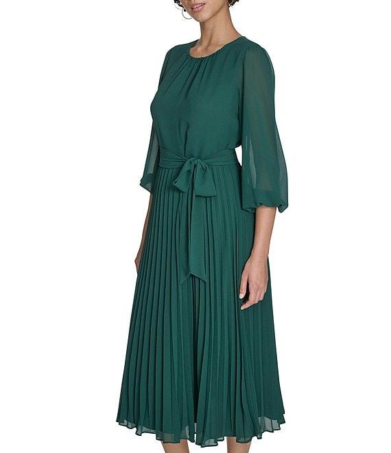 Jessica Howard Petite Size Chiffon Round Neck 3/4 Balloon Sleeve Pleated Midi Dress Product Image