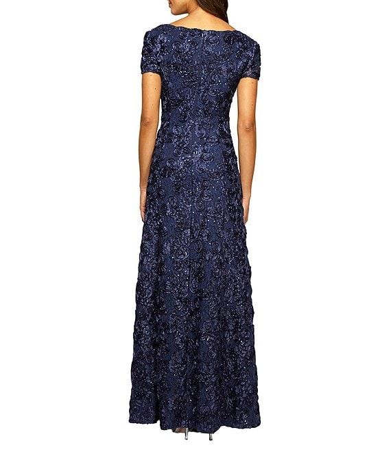 Alex Evenings Sequin Floral Lace Ribbon Rosette Round Neck Short Sleeve Gown Product Image