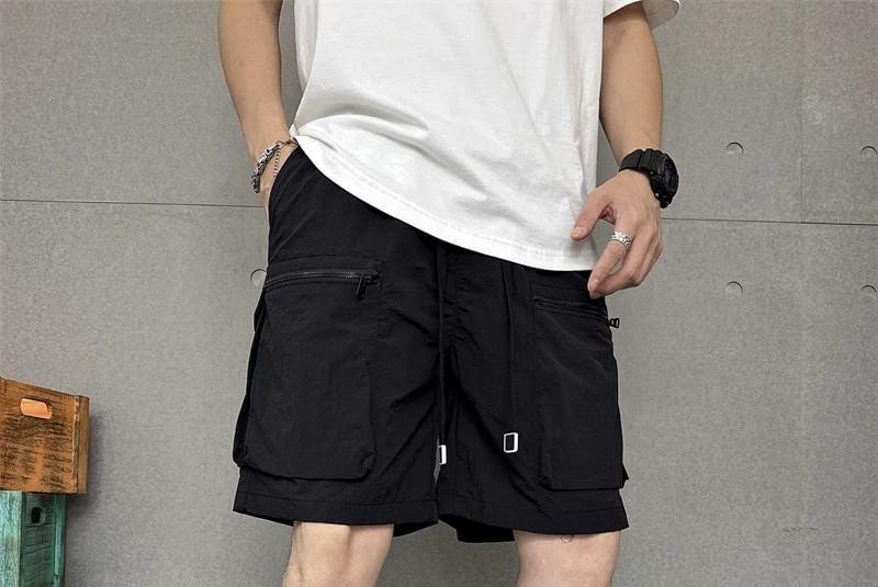 Drawstring Waist Plain Wide Leg Cargo Shorts Product Image