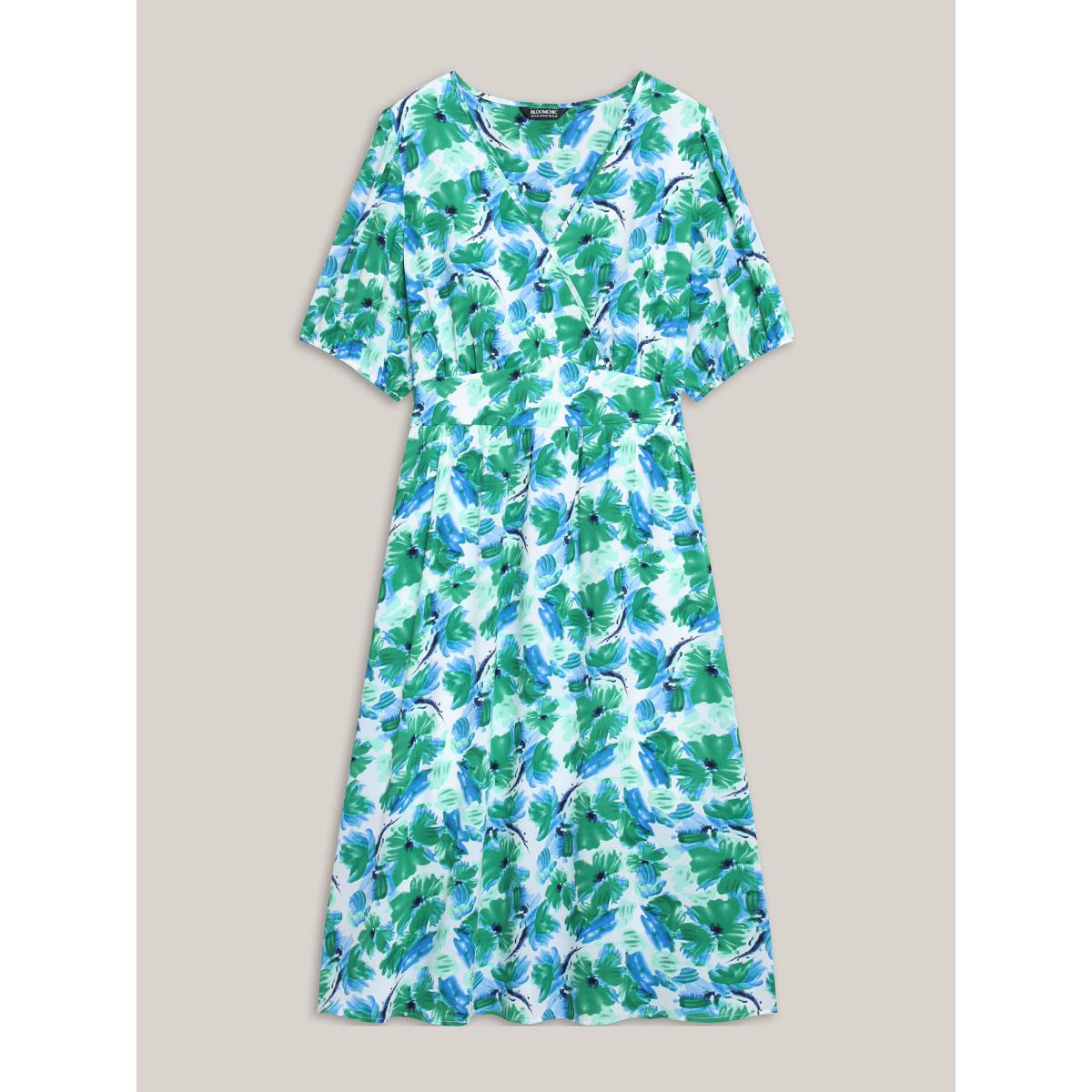 Plus Size Brush Stroke Floral Surplice Neck Midi Dress Mediumblue Women Elegant Gathered Overlap Collar Short sleeve Curvy BloomChic 18-20/2X Product Image