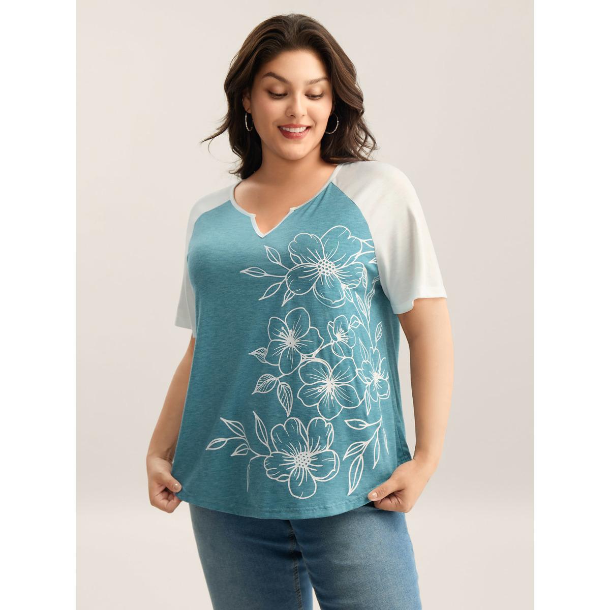 Plus Size Supersoft Heather Split Neck T-Shirt Cerulean Women Leisure Contrast Flat collar with V-notch Casual T-shirts BloomChic 18-20/2X Product Image
