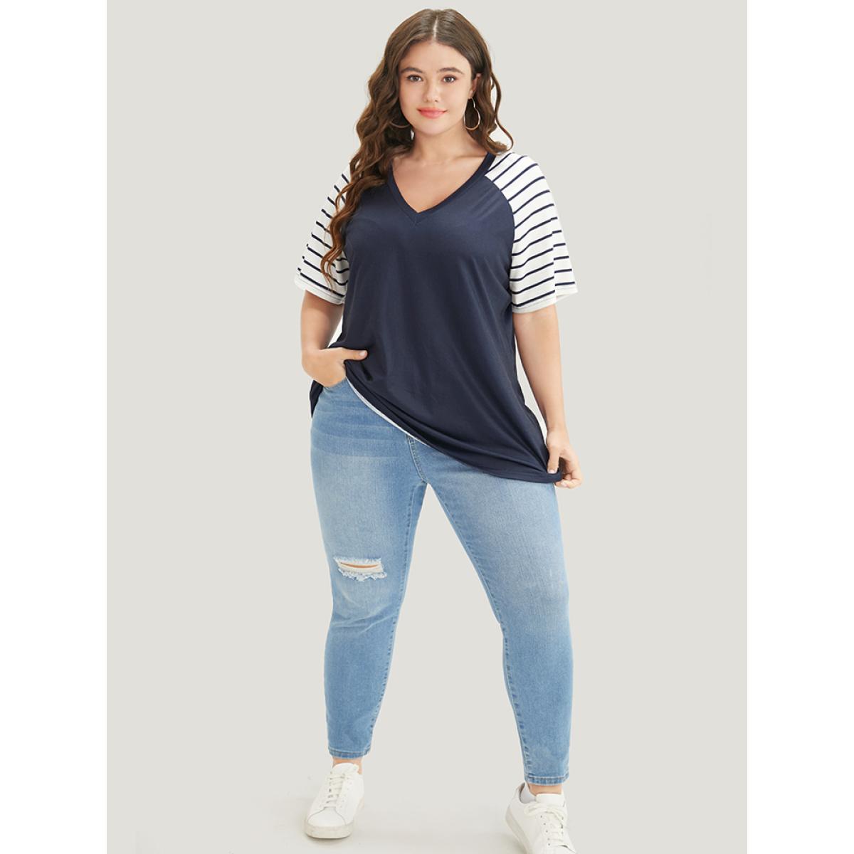 Plus Size Striped Contrast Raglan Sleeve V Neck T-shirt Midnight Women Casual Patchwork Striped V-neck Dailywear T-shirts BloomChic 28/5X Product Image