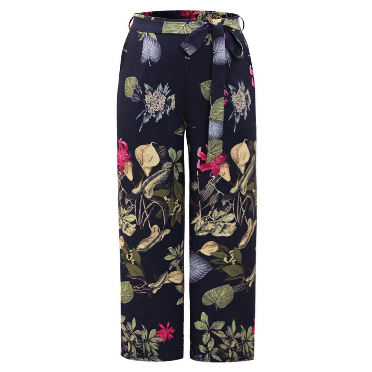 Plus Size Floral Print Belted Straight Leg Pants Women Indigo Elegant Wide Leg High Rise Dailywear Pants BloomChic 12/L Product Image