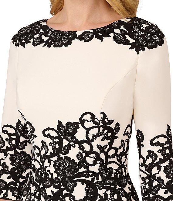 Adrianna Papell Printed Stretch Boat Neck 3/4 Sleeve Crepe Lace Sheath Dress Product Image