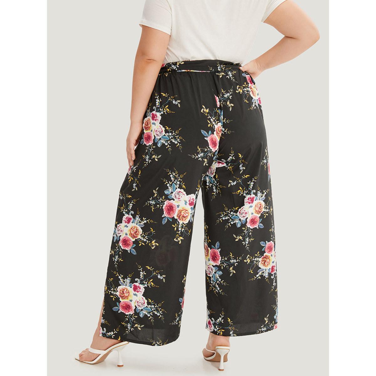 Plus Size Floral Print Belted Split Side Pleated Pants Women BlackFlower Elegant Straight Leg High Rise Dailywear Pants BloomChic 10/M Product Image