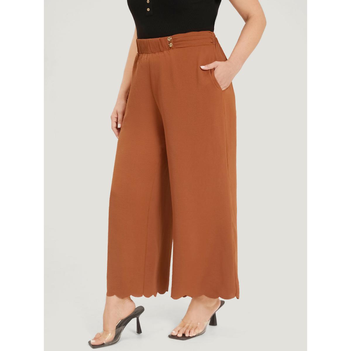 Plus Size Solid Button Detail Ruched Pocket Scalloped Trim Pants Women Rust Elegant Straight Leg High Rise Dailywear Pants BloomChic 10/M Product Image
