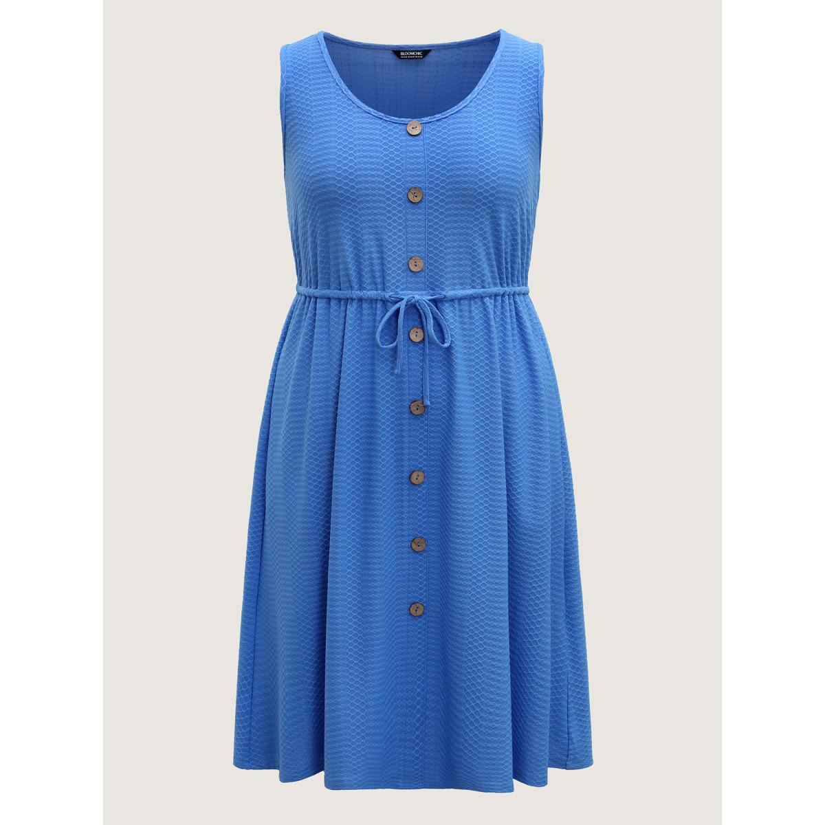 Plus Size Textured Waist Drawstring Pockets Midi Dress Skyblue Women U-neck Sleeveless Curvy BloomChic 10/M Product Image