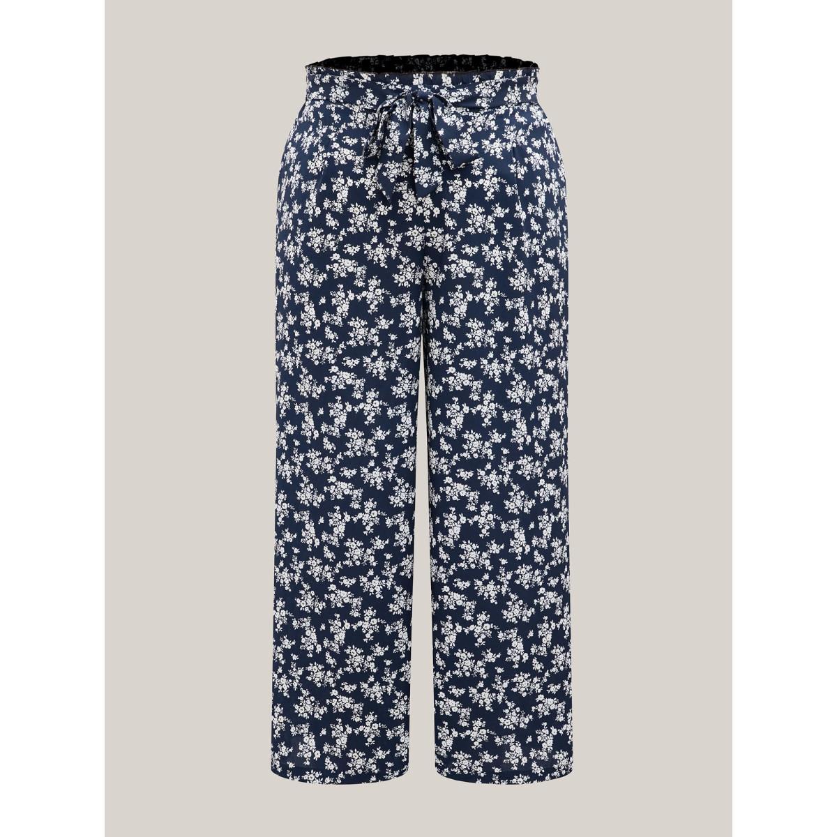 Plus Size Floral Print Waist Stretchy Wide Leg Pants Women Indigo Leisure Wide Leg Mid Rise Casual Pants BloomChic 10/M Product Image