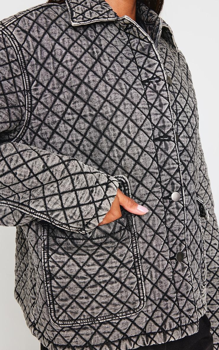 Grey Quilted Effect Pocket Detail Denim Coat Product Image