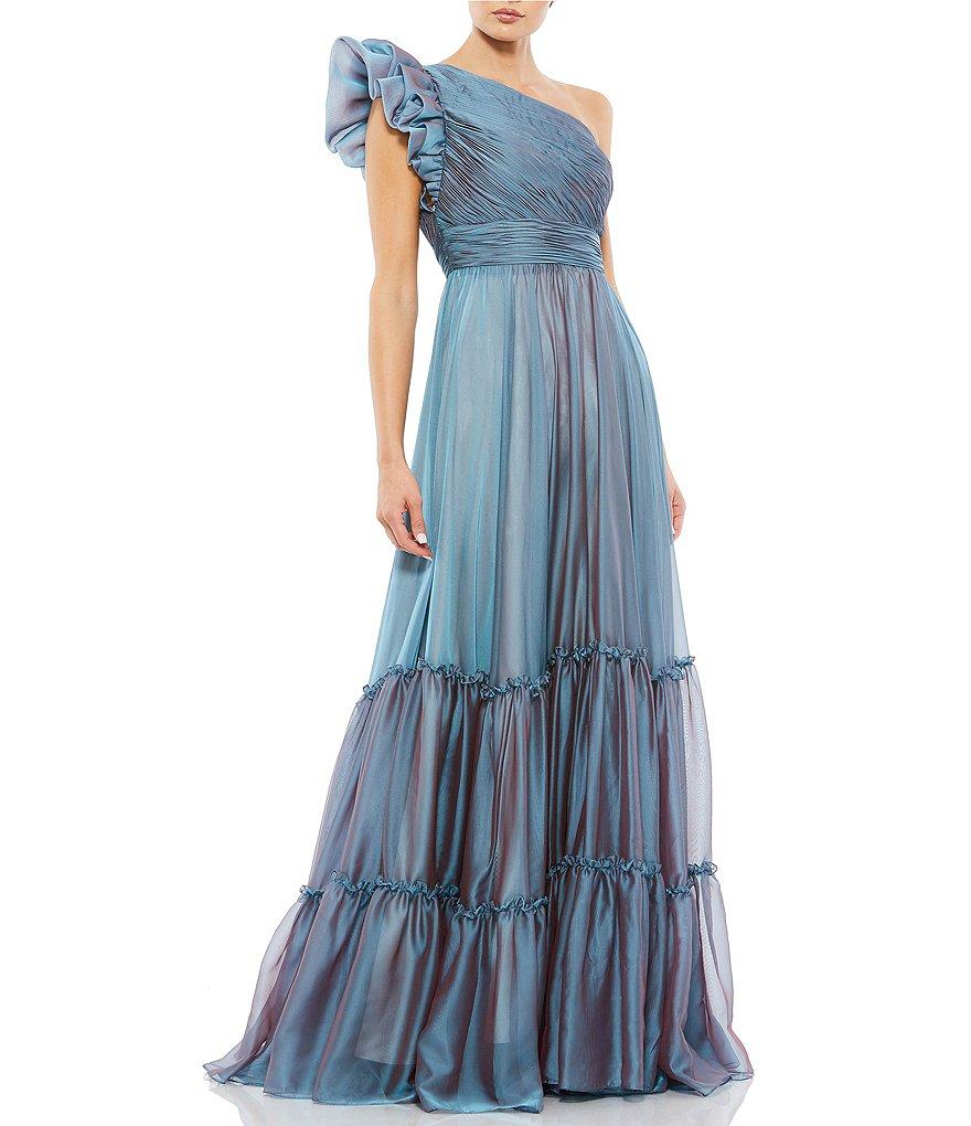 Mac Duggal Chiffon Ruched One Shoulder Flutter Sleeve Tiered Gown Product Image