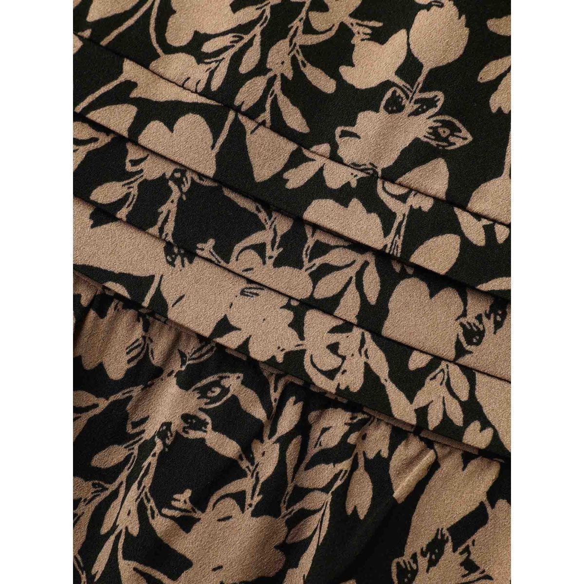 Plus Size Floral Mock Neck Ruffles Pleated Waist Dress Black Women Elegant Frill Trim Mock Neck Long Sleeve Curvy BloomChic 10/M Product Image