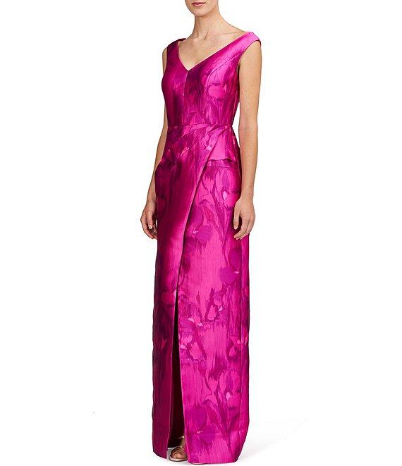 Kay Unger V-Neck Abstract Floral Mikado Pleated Waist Front Slit Column Gown Product Image