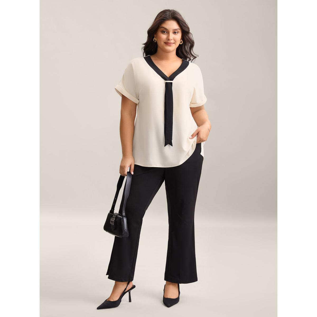 Plus Size Beige Collar Tie Color Contrast Blouse Women Office Short sleeve Ribbon-tied collar Office Blouses BloomChic 10/M Product Image