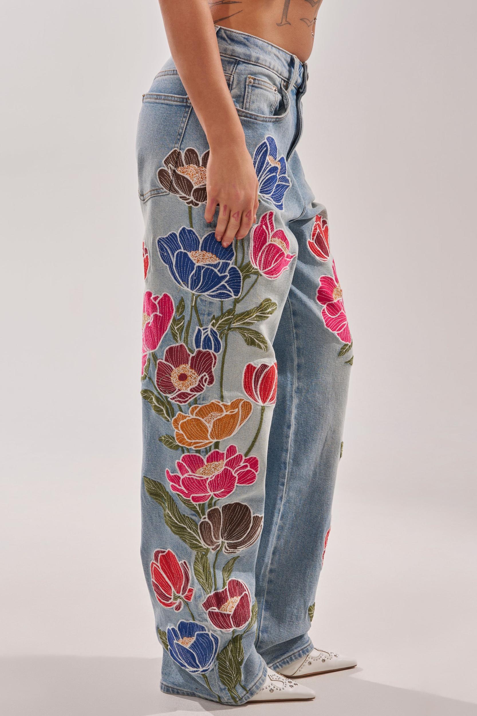 INTO THE GARDEN FLORAL EMBROIDERED DENIM JEANS Product Image