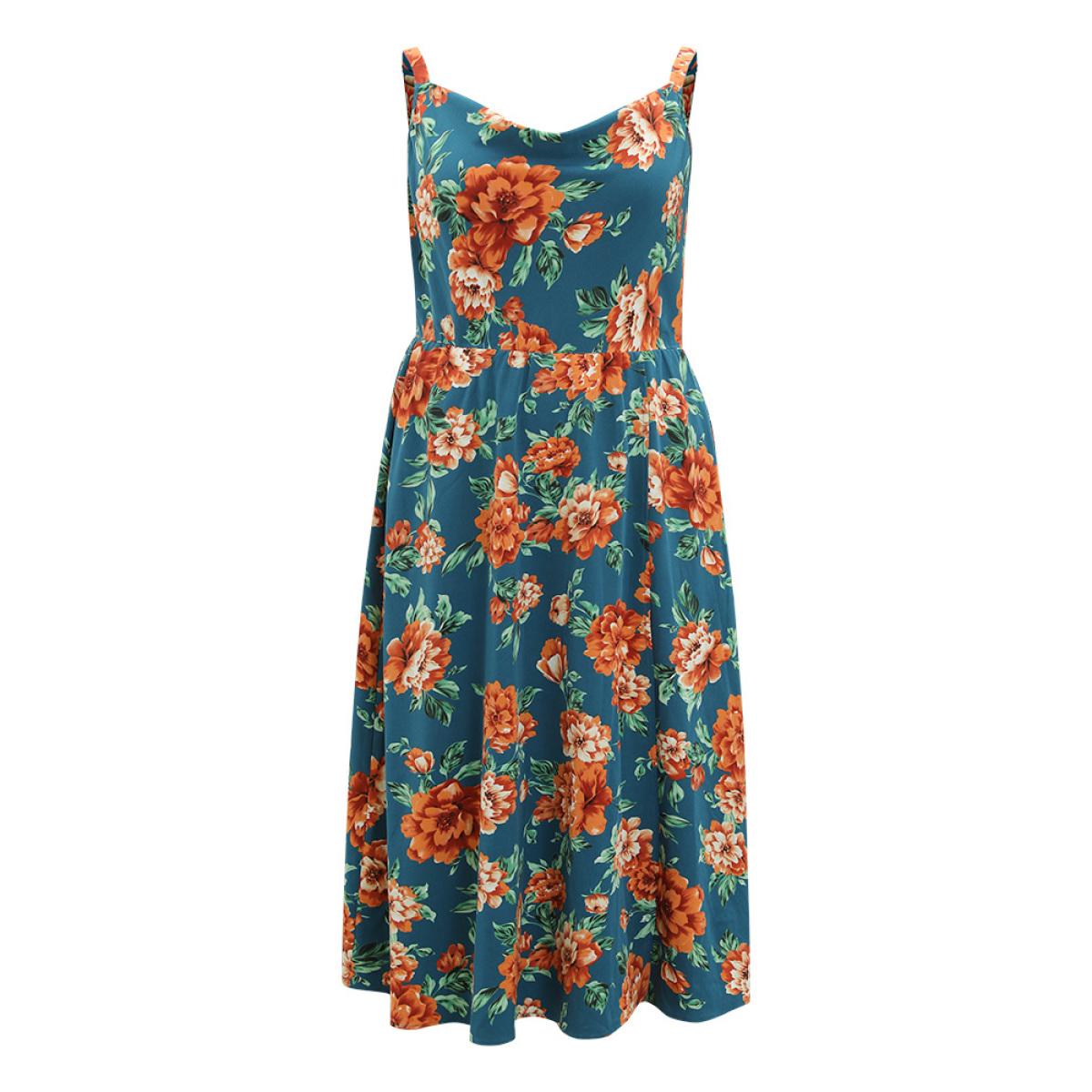 Plus Size Floral Print Cowl Neck Pocket Cami Dress Cyan Women Elegant Adjustable Straps Spaghetti Strap Sleeveless Curvy Midi Dress BloomChic 18-20/2X Product Image