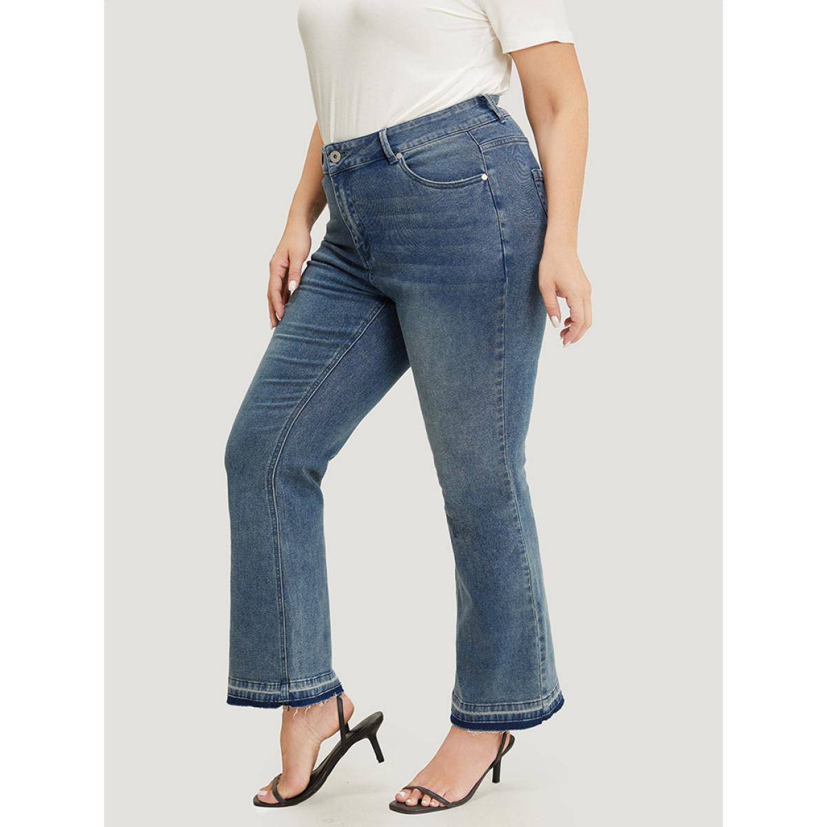 Plus Size Flare Leg Very Stretchy Medium Wash Contrast Hem Jeans Women LightBlue Casual Plain High stretch Pocket Jeans BloomChic 16/1X Product Image