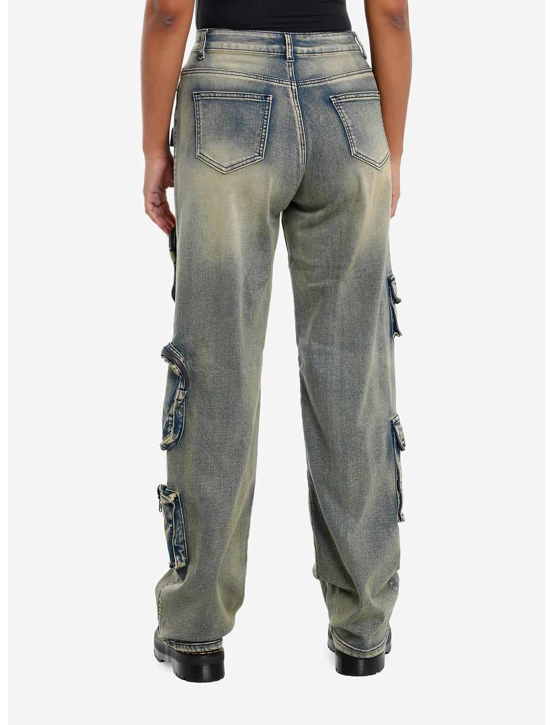Vintage Wash Cargo Pocket Wide Leg Denim Pants Product Image