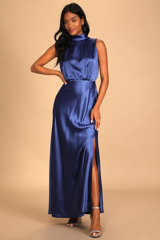 Classic Elegance Blue Satin Sleeveless Mock Neck Maxi Dress Product Image