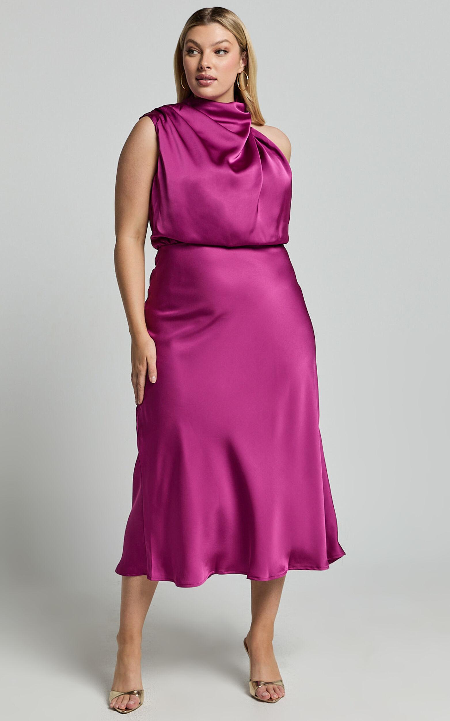 Minnie Midi Dress - Drape Neck Satin Slip Dress in Purple Product Image