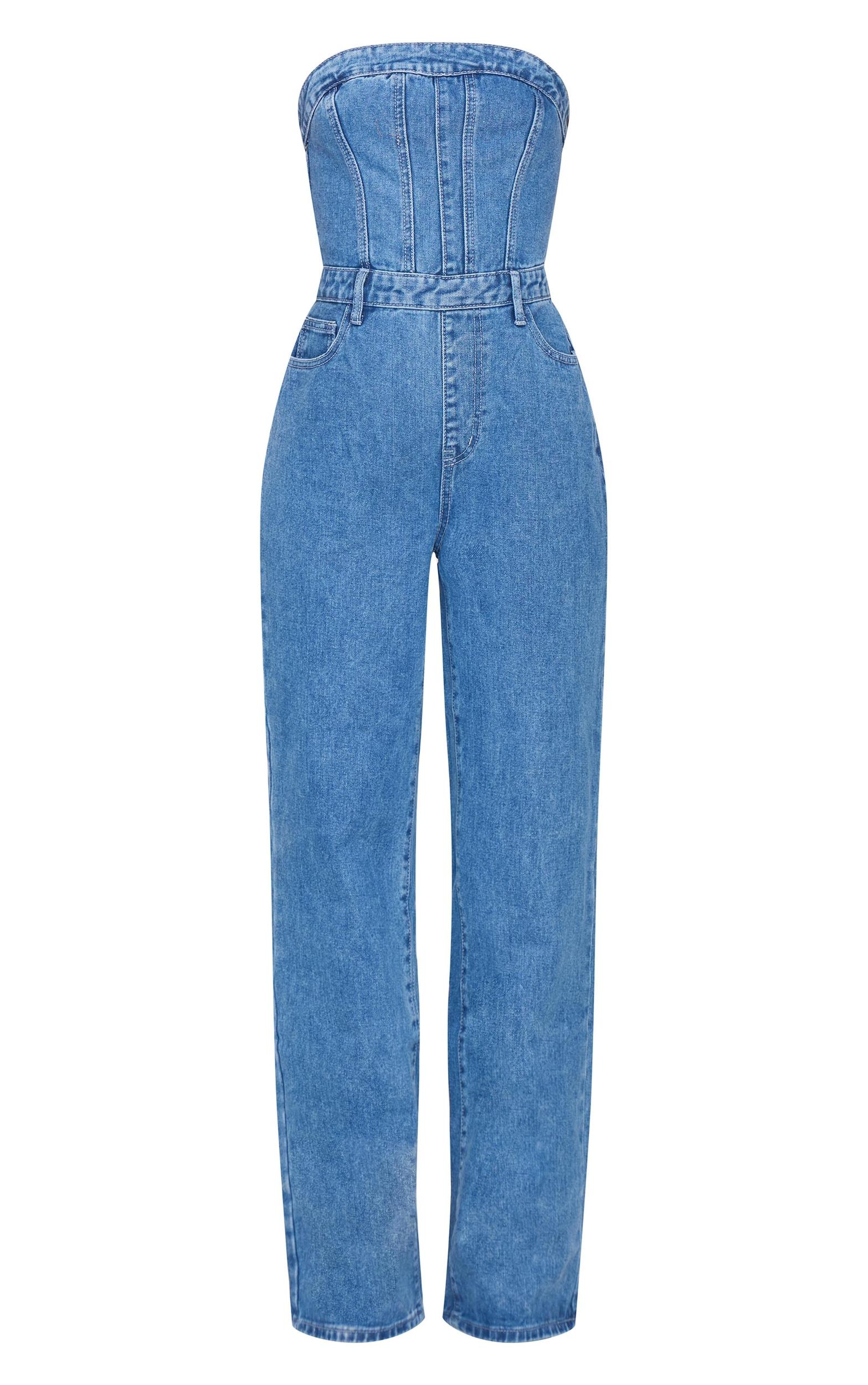 Mid Blue Wash Bandeau Denim Jumpsuit Product Image