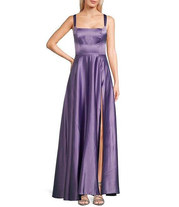 B. Darlin Square Neck Dull Charmeuse Long Dress Product Image