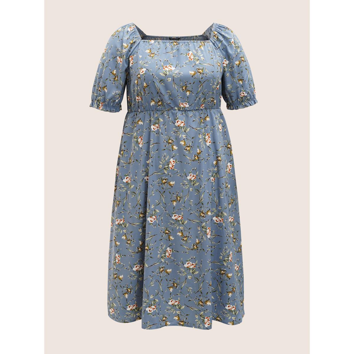 Plus Size Ditsy Floral Square Neck Elastic Waist Gathered Dress Stone Women Elegant Non Square Neck Short sleeve Curvy Midi Dress BloomChic 12/L Product Image