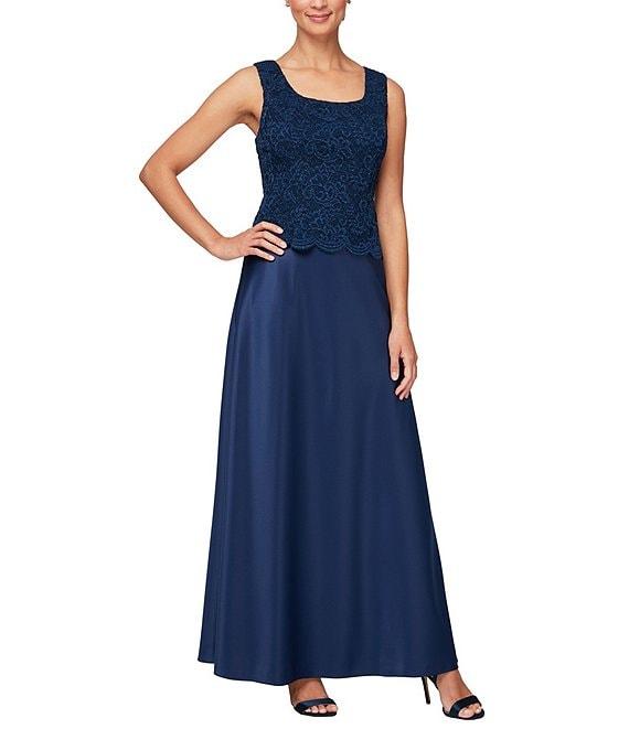 Alex Evenings Glitter Lace 3/4 Sleeve Square Neck Scallop Hem Bodice 2-Piece Jacket Gown Product Image