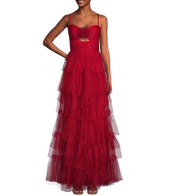 Blondie Nites Mesh 3D Ruffled Rose Sweetheart Neck Tie Back Dress Product Image